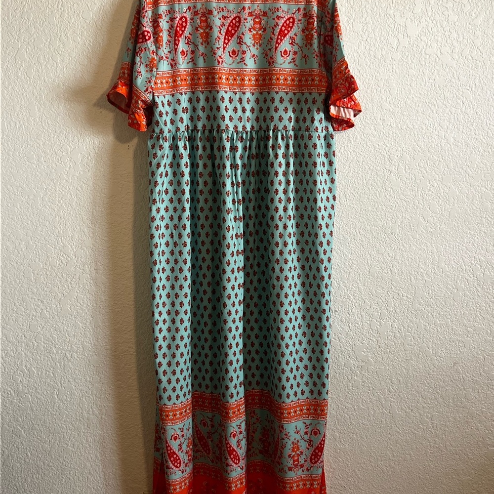 Orange and Aqua Maxi Sundress with Flutter Sleeves and Crew Neck - Picture 3 of 4